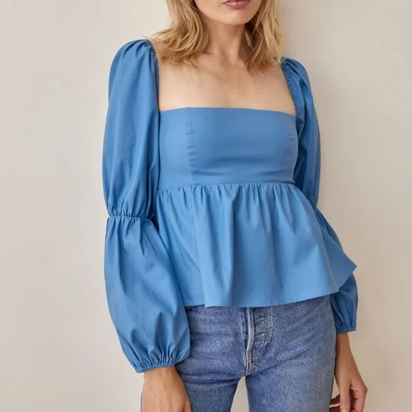 Reformation Jaxley Top Azure Blue Shirt - Picture 1 of 5